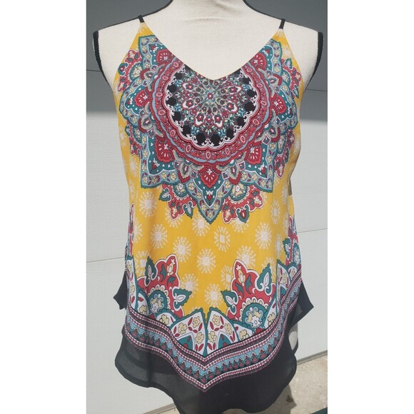 BCX V-Hem Scarf Tank Small Yellow Multi Printed Allover Mandala Sleeveless - Picture 1 of 14